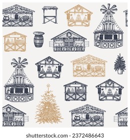 Christmas market stalls background. Hand-drawn vector illustration. Winter holiday seamless pattern. Vintage toile de jouy design. Souvenir shop, candy store, Christmas tree sketches