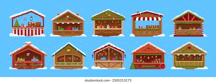 Christmas market stalls and booths. Vector Xmas winter holiday fair stands, food kiosks, shops and stores. Cartoon Christmas market wood stalls with snow, Xmas tree, gingerbread, gifts and lights