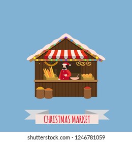 Christmas market stalls, canopy seller with New Year gifts. Xmas bakery, bread shops with bagel, ciabatta, baguette. Christmas fair wooden kiosks vector illustration. Template, isolated