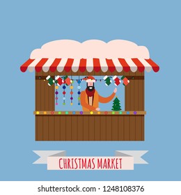 Christmas market stalls, canopy seller with New Year decorations. Xmas wreath, balls, ate, decoration. Christmas fair wooden kiosks vector illustration. Template, isolated