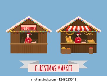 Christmas market stalls, canopy seller with with New Year bakery, gifts and hot drinks. Xmas mulled vine, coffe, tea, bakery, bread shops with bagel, ciabatta, baguette. Christmas fair wooden kiosks