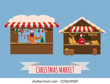 Christmas market stalls, canopy seller with with New Year decorations, gifts. Xmas bakery, bread shops with bagel, ciabatta, baguette and wreath, balls, ate, decoration. Christmas fair wooden kiosks