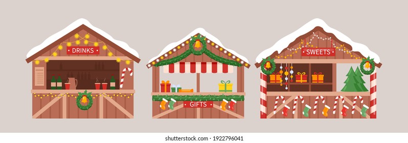 Christmas market stalls kiosks vector illustration set. Cartoon market seller with New Year food, hot drink, mulled vine coffee or tea, sweets and gifts. Xmas fair wooden house marketplace background