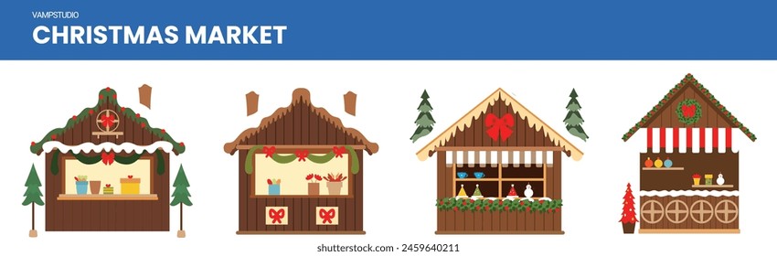 Christmas market stalls kiosks vector illustration set. Outdoor festival stand Cartoon market christmas seller fair wooden house marketplace background