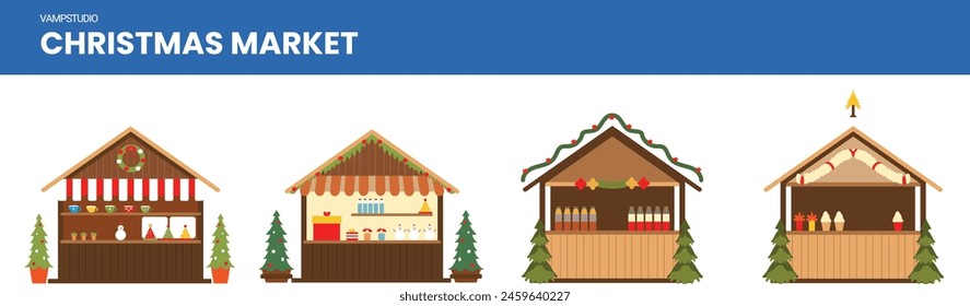 Christmas market stalls kiosks vector illustration set. Outdoor festival stand Cartoon market christmas seller fair wooden house marketplace background