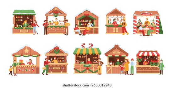 Christmas market stalls with people. Winter festival outdoor kiosks. Sellers and buyers at Xmas fair, sweets, drinks, gifts, food festive shops. Holiday celebration. Vector collection.