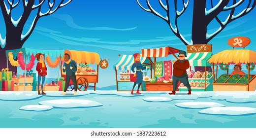 Christmas market with stalls, sellers and customers, winter street fair with booths, traditional sweets and gifts, fir-tree decoration for sale. Kiosks on snowy landscape, Cartoon vector illustration