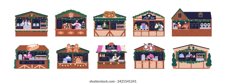 Christmas market stalls set. Wooden chalets, outdoor kiosks, shops. Winter holiday stands, wood booths with Xmas drinks, food and gifts. Flat graphic vector illustrations isolated on white background