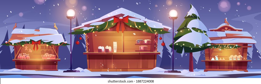 Christmas market stalls, winter street fair with wooden booths decorated with fir-tree branches and lighting garlands. Kiosks with snow, traditional sweets, gifts for sale, Cartoon vector illustration