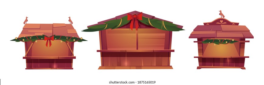 Christmas market stalls, wooden festival kiosks for sale food, gifts, tickets or souvenirs. Vector cartoon set of traditional fair booths with pine branches, red bows and lights garlands