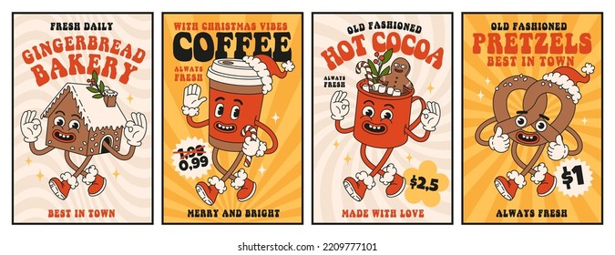 Christmas market street foods and drinks. Poster, flyer, menu design with coffee, candy, pretzel, cocoa, cookie, gingerbread in trendy retro cartoon style. Merry Christmas and Happy New year.