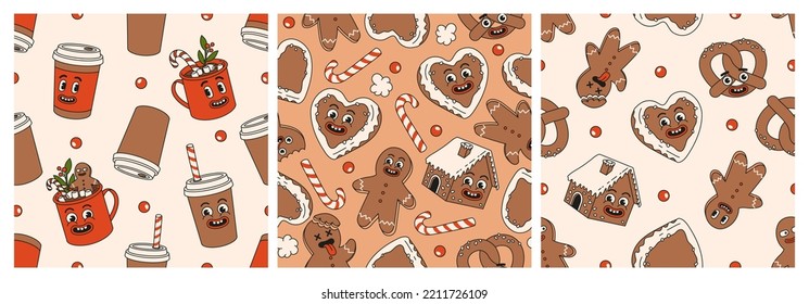 Christmas market street foods and drinks seamless pattern. Coffee, cocoa, mulled wine, candy, glintwine, pretzel, cookie, gingerbread in trendy retro cartoon style. Merry Christmas and Happy New year.