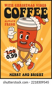 Christmas market street foods and drinks. Poster, flyer, menu design with coffee, candy, cocoa in trendy retro cartoon style. Merry Christmas and Happy New year.