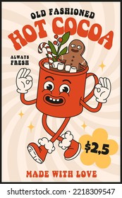 Christmas market street foods and drinks. Poster, flyer, menu design with cocoa, coffee, candy, cookie, gingerbread in trendy retro cartoon style. Merry Christmas and Happy New year.