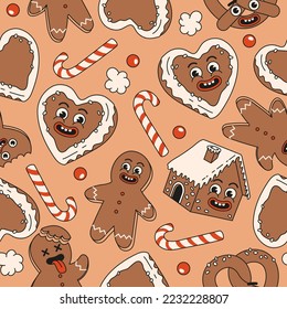 Christmas market street foods and drinks seamless pattern. Candy, pretzel, cookie, gingerbread in trendy retro cartoon style. Merry Christmas and Happy New year.