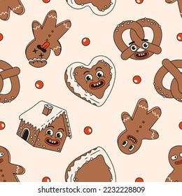 Christmas market street foods and drinks seamless pattern. Candy, pretzel, cookie, gingerbread in trendy retro cartoon style. Merry Christmas and Happy New year.