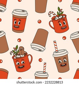 Christmas market street foods and drinks seamless pattern. Coffee, cocoa, mulled wine, candy in trendy retro cartoon style. Merry Christmas and Happy New year.