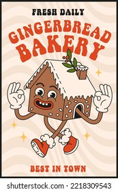 Christmas market street foods. Poster, flyer, menu design with cookie, gingerbread in trendy retro cartoon style. Merry Christmas and Happy New year.