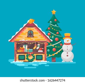 Christmas market, tree and snowman. Christmas time illustration. 