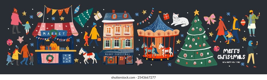 Mercado de Navidad. Ilustraciones lindas festivas del Vector del año Nuevo de la tienda del quiosco o del puesto, casa, carrusel con los caballos, caminando la familia y la gente en la ropa del invierno, árbol de navidad