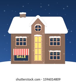 Christmas market vector illustration. Christmas city shop. Big beautiful house with snow on the roof. Vector flat illustration