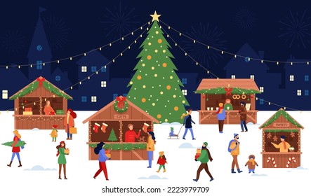 Christmas market. Vector illustration of festival stand and wooden kiosk with people, pine tree, sweets, gifts. Winter holiday fairs decorating fir-tree branches, garlands. Traditional marketplace