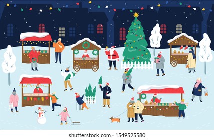 Christmas market vector illustration. Festive food and holiday decoration. Big Christmas tree with traditional decoration. People buying Christmas presents, having fun outside.