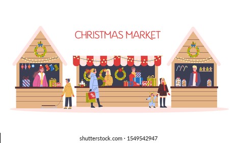 Christmas market vector illustration. Festive food and holiday decoration. Big Christmas tree with traditional decoration. People buying Christmas presents, having fun outside.