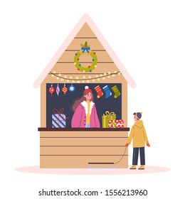 Christmas market vector illustration. Festive food and holiday decoration. Big Christmas tree with traditional decoration. People buying Christmas presents, having fun outside.