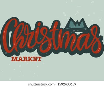 Christmas market vector illustration on the light green background with the snow falling. 