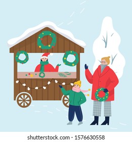 Christmas market vector illustration. People buying Christmas presents and holiday decoration., having fun outside.