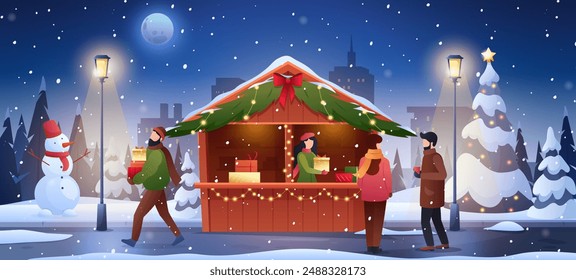 Christmas market. Vector illustration of winter snowy park with lantern, festival stand and wooden kiosk with people, snowman, christmas pine tree, walkway, skyline. Natural landscape. Winter holiday