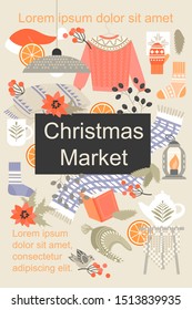 Christmas market vector poster template with handmade clothes and household items. Scandinavian winter atmosphere