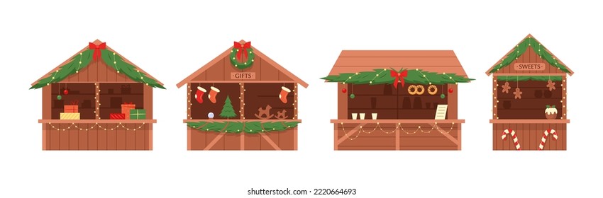 Christmas Market. Vector set of outdoor festival stand and wooden kiosk with drinks, food, sweets, toys and gifts. Winter holiday fairs decorated fir-tree branches, garlands. Traditional marketplace