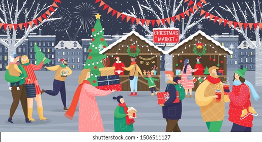 Christmas market vector, shops with souvenirs. Festive kids and adults, man and woman with children, streets with flags. People walking between decorated stalls or kiosks and having rest with family