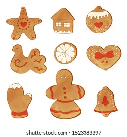 Christmas market watercolor style bakery collection. Vector celebration food set. 