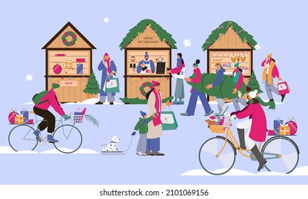 Christmas market, winter fair, people buying presents for christmas. Flat vector illustration