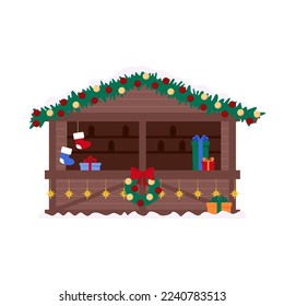Christmas Market wooden stall kiosk on street fair marketplace. Open festival stand. Shop winter with fir tree branches, souvenirs, garlands decoration, snow, gifts, sock. Wooden house. Cartoon vector