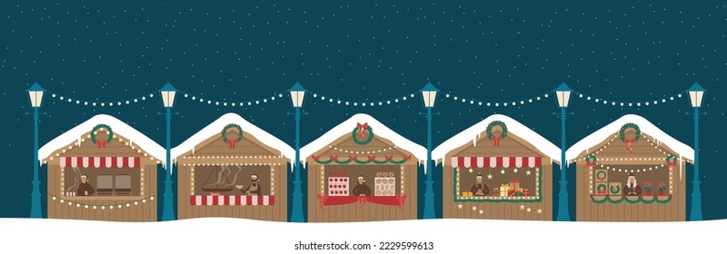 Christmas market wooden stalls kiosks. Cartoon market seller with New Year food, hot drink, mulled wine coffee or tea, sweets and gifts. Xmas fair house marketplace at night
