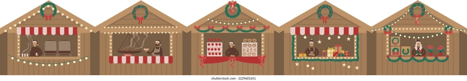 Christmas market wooden stalls kiosks vector illustration set. Cartoon market seller with New Year food, hot drink, mulled wine coffee or tea, sweets and gifts. Xmas fair house marketplace isolated
