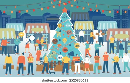  Christmas markets with Christmas trees, shops and lots of people shopping and looking for goods in the shops. Flat line style