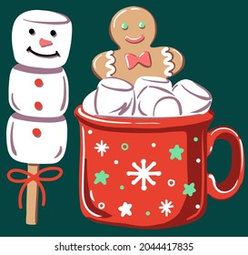 Christmas marshmallow. Red cup of cocoa with gingerbread. Holiday winter hot drink and festive sweet snowman. Dessert vector illustration