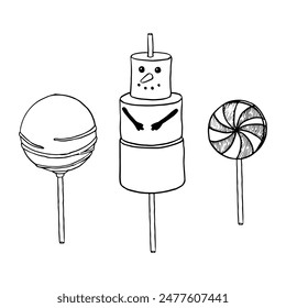 Christmas marshmallow snowman. Cake on a stick, cake pops in glaze with confectionery striped. Glossy candies on a stick, spiral lollipop, sugar caramel, striped bonbons. Graphics vector illustration