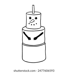 Christmas marshmallow snowman, snow men , xmas. Hand drawn style doodle drawing black and white. Vector line art illustration of a winter dessert for postcards, banners, textiles, prints