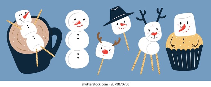 Christmas marshmallow,christmas snowmen in hats. Snow men , xmas ,reindeer , snowballs, marshmallow and cup of cacao Dessert vector illustration