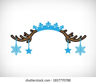 Christmas Mask with brown reindeer Antlers and cristal ice Crown and Snowflakes isolated on white background. Vector illustration of cute antlers pillowcase print for winter holidays.
