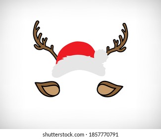 Christmas Mask with brown reindeer Antlers and Santa Hat isolated on white background. Vector illustration of cute antlers pillowcase print for winter holidays.