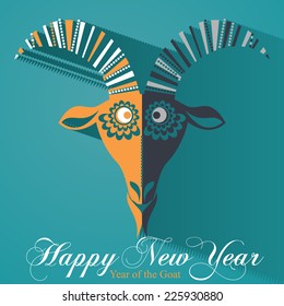 Christmas mask Goats. Flat Design Card with calligraphy of text. Vector file organized in layers for easy editing.