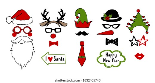 Christmas mask. Holiday photo booth props. Vector xmas masquerade party costume accessories collection. Noel decoration. Happy new year cartoon illustration card background