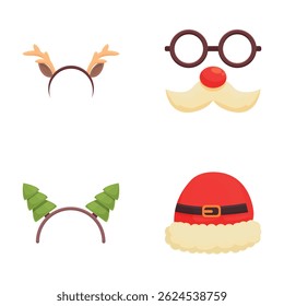 Christmas mask icons set cartoon vector. Christmas photo booth festive mask. Holiday party